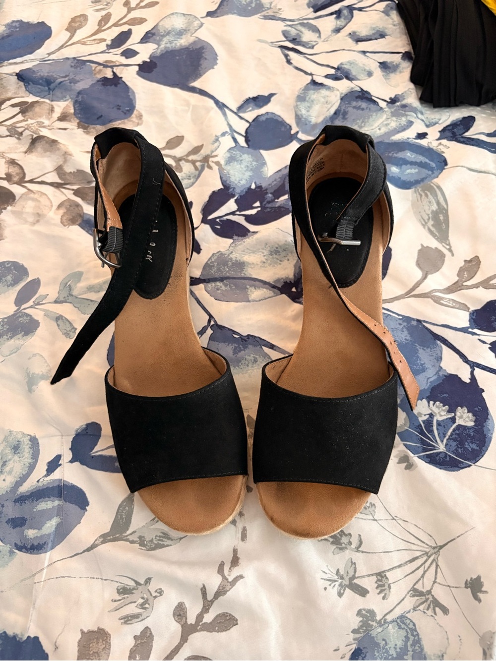 Women’s Black Suede Wedge Sandals with Tan Espadrille Heel - Picture 3 of 5
